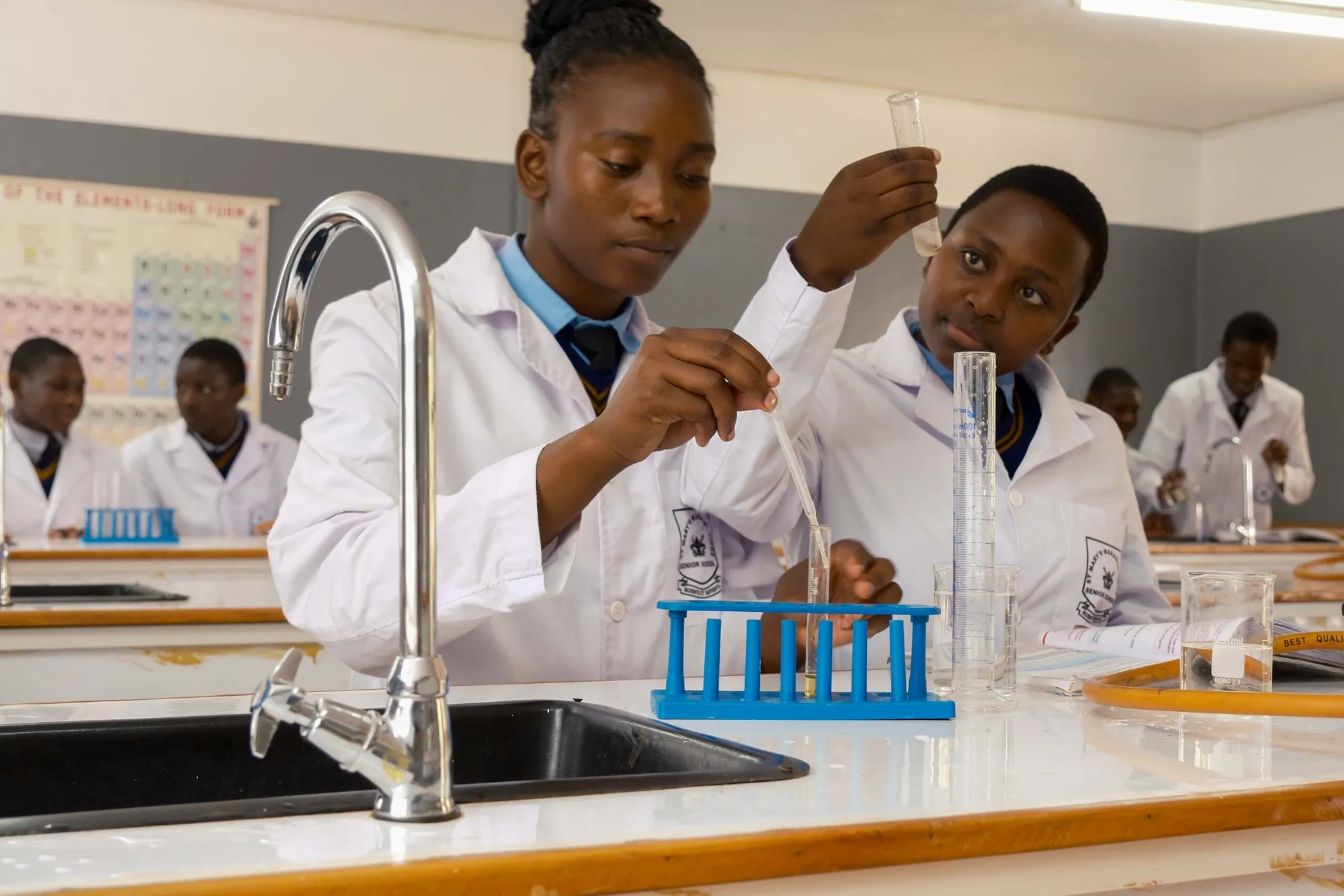 Girls in lab coats carrying out an experiment beside a laboratory sink
