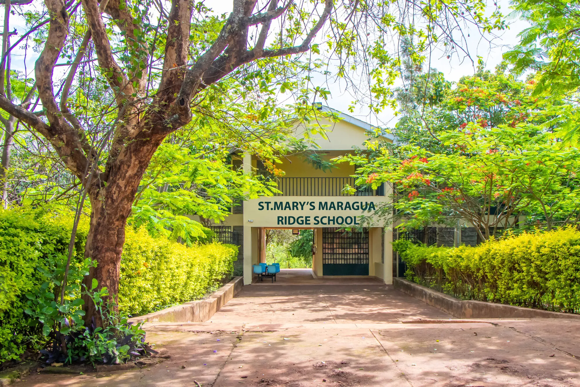 Entrance to St. Mary's Maragua Ridge School framed by trees and hedges