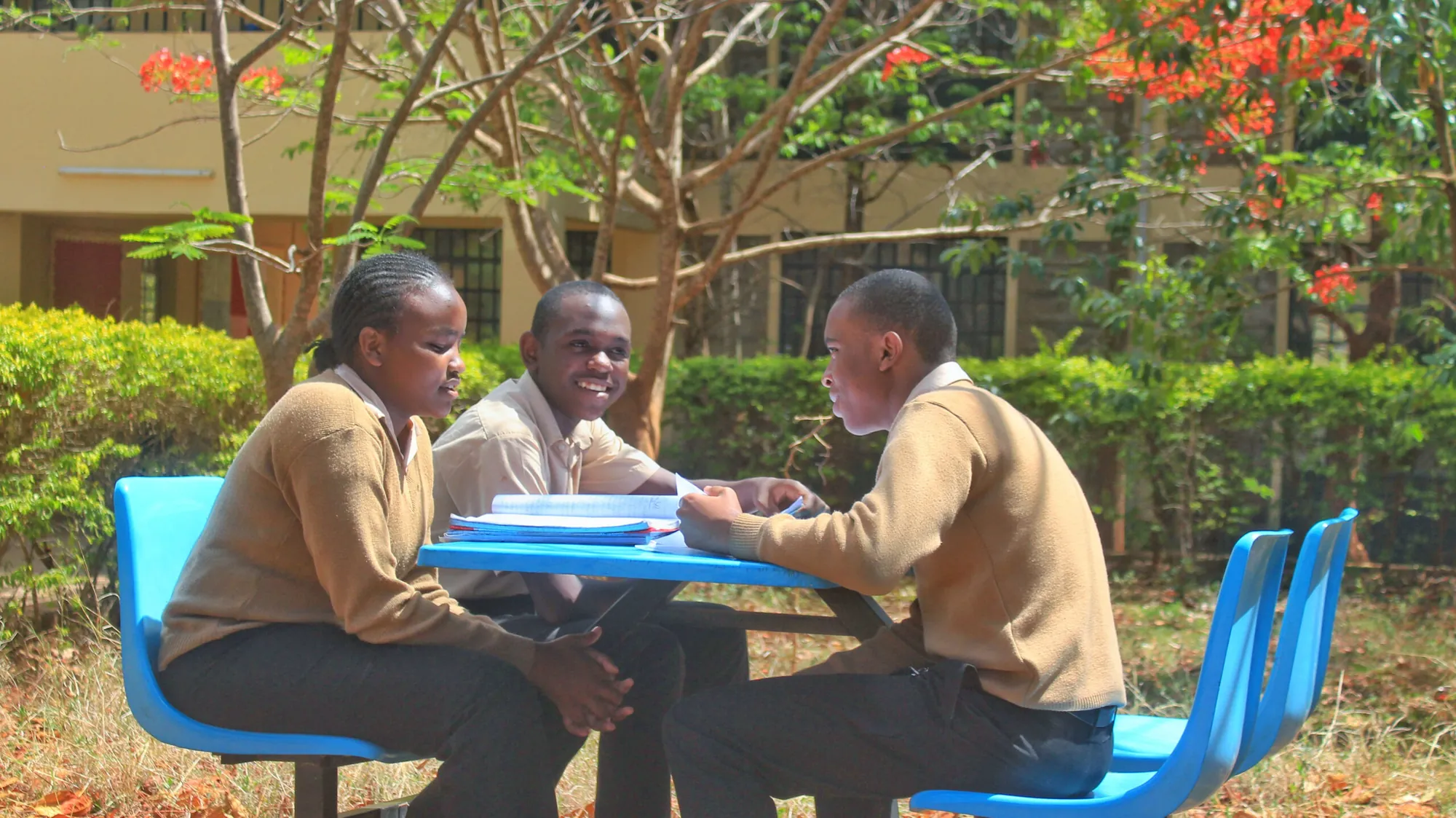 Three students studying together at a blue table in the garden